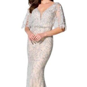 NWT Ivonne D ID905FLT Lace Mother of the Bride Dress Silver Nude Size 14